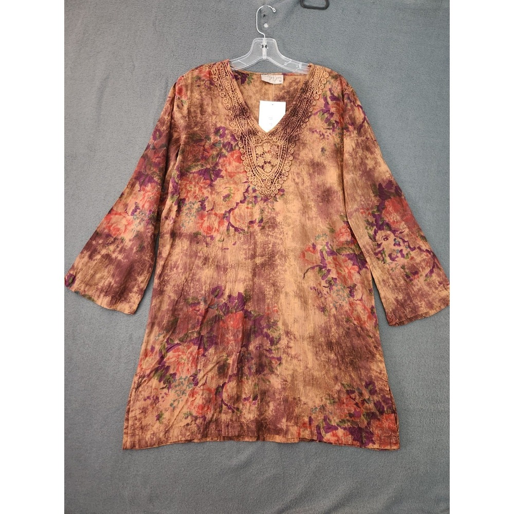 Vintage Goa Shirt Womens Sz L Gypsy Brown‎ Floral Embroidered Boho Tunic Top NWT